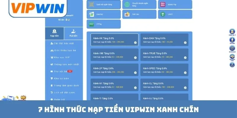 7 hình thức nạp tiền VIPWIN xanh chín