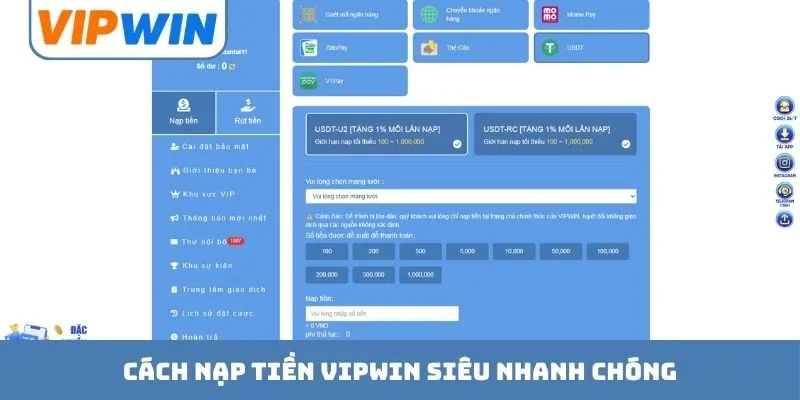 Cách nạp tiền VIPWIN siêu nhanh chóng