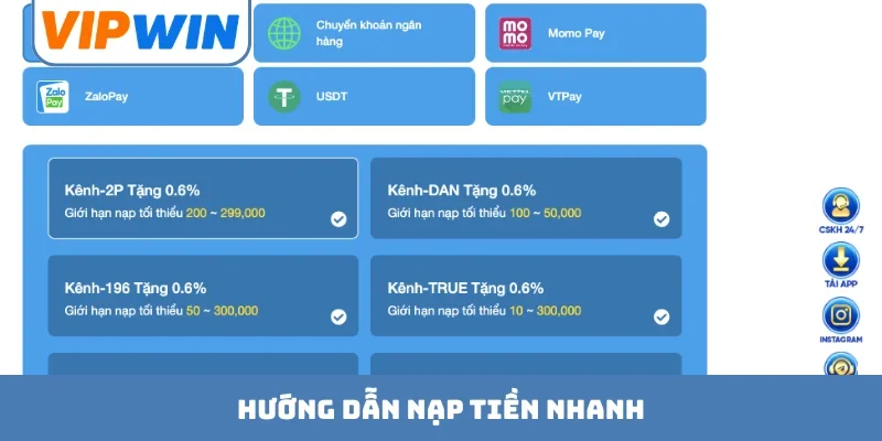 Hướng dẫn nạp tiền nhanh